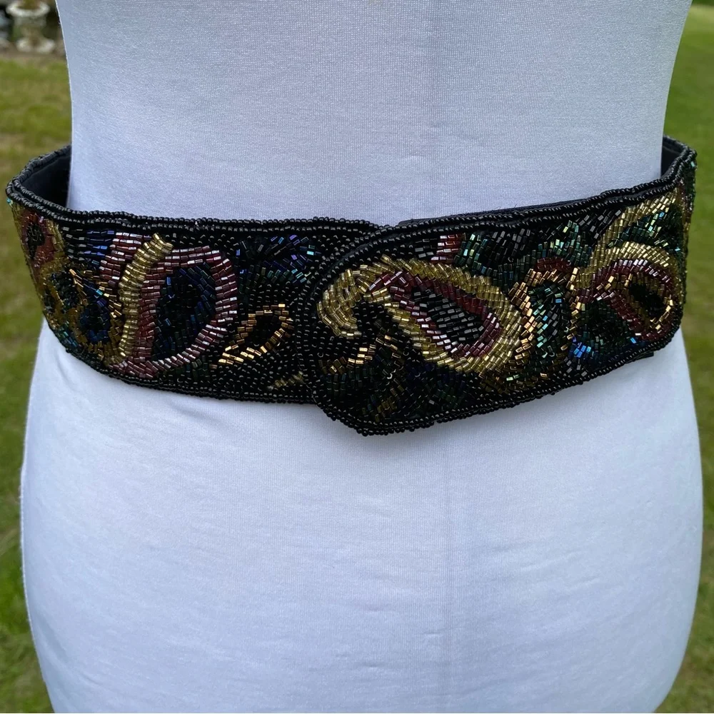 LA REGALE LTD BELT WIDE BLACK SATIN BEADED MULTI COLOR PEACOCK COLOR SIZE M